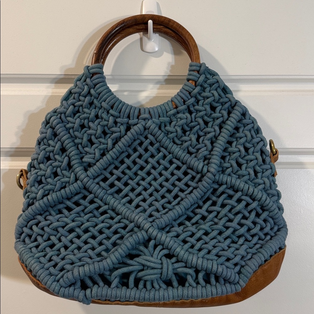 Anabaglish cotton woven macrame bag purse wood knit in blue no strap